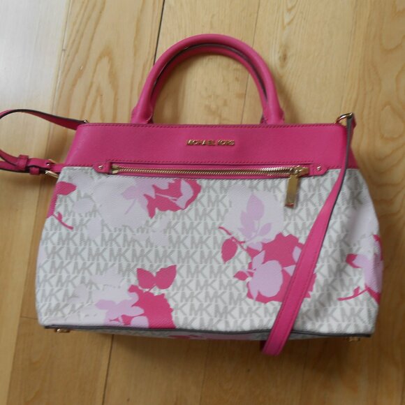 MICHAEL KORS HAILEE SATCHEL-BAG-PURSE-PINK FLORAL-GOLD TRIM - Picture 1 of 10